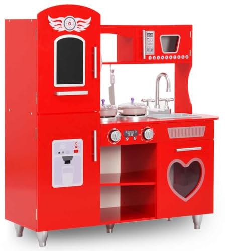 LoogCape Cuisine de jeu pour enfant en MDF 84 x 31 x 89 cm Rouge avec accessoires, batterie de cuisine, casserole, poêle, couverts, vaisselle, aliments, légumes, fruits, pizza, gâteau, jeu de rôle