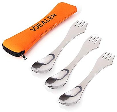 Vdealen Stainless Steel Spork's Extremely Strong Set, Fork & Knife Combo Utensil for Camping, 3-Pack, Curve with Serrated Edge On Fork