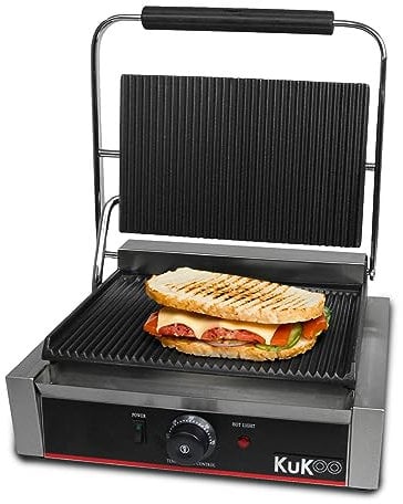 KuKoo - Piastra per Panini Professionale con Griglia Rigata, 2200W, 50-300°C, Acciaio Inox e Griglia in Ghisa per Hamburger, Sandwich con Spazzola Gratis