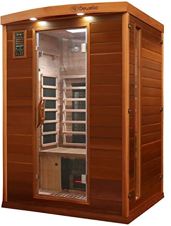 Dewello® Infrarotkabine Infrarotsauna Pierson PRO 135x105 für 1-2 Personen aus Zedernholz mit Duo Vollspektrumstrahler, Bodenstrahler, LED-Farblicht, Bluetooth, FM,MP3,USB