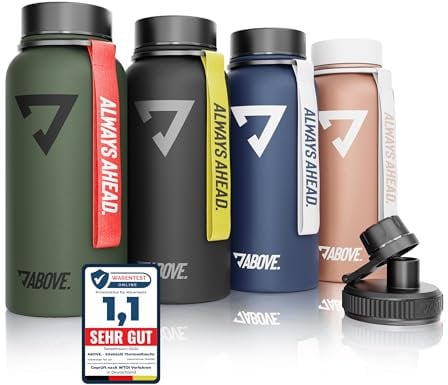 ABOVE. Gourde Isotherme Inox 1L – Sans BPA, Étanche & Robuste – 2 Bouchons Inclus – Garde le Froid 24H et le Chaud 12H – Bouteille en Acier Inoxydable pour Sport et Outdoor avec Coffret Cadeau (Rose)