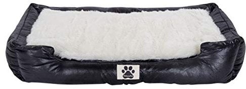 CLAMARO 'DeluxePet' Hundebett schwarz 80x60 aus Kunstleder mit 2in1 Wendekissen, Hundekissen für große Hunde mit Einer Fell und Leder Seite, Seiten weich gepolstert, Anti-Rutsch Rückseite