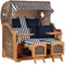 MR. DEKO® Strandkorb Düne Grande XL 2,5-Sitzer Teak | PE Geflecht Grey - Dessin 518 | Volllieger Strandstuhl mit Bullauge inkl. 2 Fußablagen | je 2 Kissen und Nackenkissen | Strandkörbe aus Teakholz