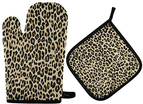 ZZXXB Leopard Print Oven Mitts and Pot Holders Set of 2 Heat Resistant Non-Slip Kitchen Gloves for Cooking Baking Barbecue Grilling