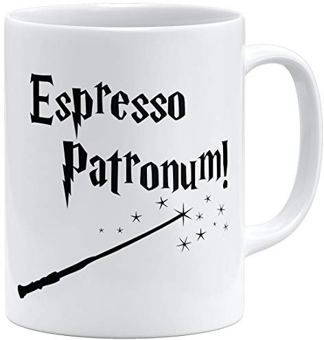OM3® Espresso Patronum - Tazza con bacchetta magica, in ceramica, 325 ml, stampa su entrambi i lati, colore: Bianco