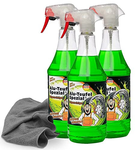 detailzone Felgenreiniger Set: 3X TUGA Alu Teufel Spezial grün 1 Liter + 1x Microfasertuch 40x40 cm grau