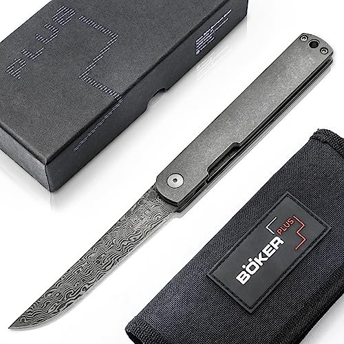 BÖKER PLUS® Nori Damast - japanisches Taschenmesser mit Clip - Damaszener Gentleman Klappmesser mit Titan Griff - Einhand EDC Messer in Geschenk-Box