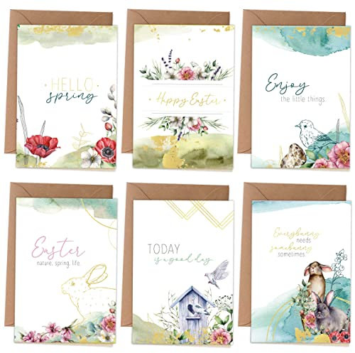 Papierdrachen Klappkarten zu Ostern - | 6 frühlingshafte Osterkarten inklusive Umschlag zur Osterzeit - Grüße an die Familie - Stilvolles Design - Motiv Wasserfarben mit Goldfolierung - Set 4
