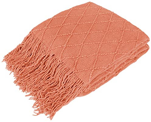 PAVILIA Gestrickte Überwurfdecke Fransen Koralle Orange Pfirsich Lachs,Dekorative Quaste Boho Bauernhaus Dekor Couch Bett Sofa Herbst Outdoor,Gewebt, strukturiert, afghanisch, weich, Acryl, 60x80 cm
