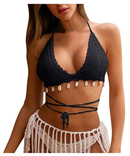 QIUhhpuy Damen Gestrickte Gewebt Bikini Set Neckholder Bikini Oberteil mit Quaste Strick Häkeln Muschel Einzigartige Crochet Stricken Beachwear Badebekleidung Badeanzug Bademode