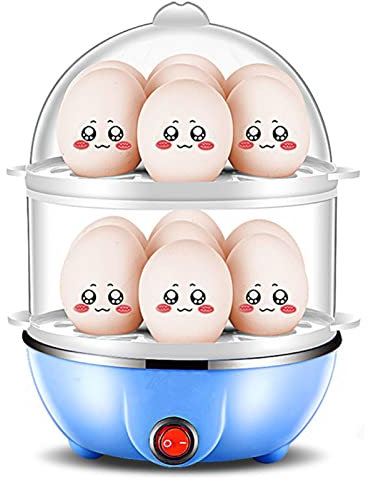 Eierkocher, Eierkocher 350 W, 2 Schichten, 14 Stück, Eier pro Zeit, automatische Abschaltung, sicherer, langlebiger PP-Eierkocher mit Messbecher für zu Hause(EU-blaue Doppelschicht)