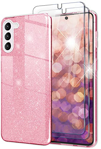 NALIA Kit [3-en-1] Compatible avec Samsung Galaxy S23 Coque, [1x Étui à Paillettes & 2X Protection d'Écran] Bling Diamant Strass Glitter Brillant, Cover Hybride Silicone Renforcé, Couleur:Pink Rose