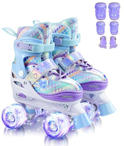 Sportneer Pattini a rotelle per bambini, set di pattini a rotelle con equipaggiamento protettivo, pattini a rotelle regolabili con 8 ruote luminose, per ragazze, bambini, giovani, principianti, uso