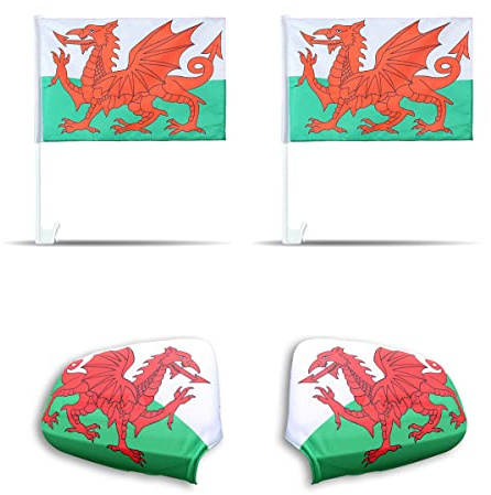 Auto Fahnen Wales Set - 2 Autofahnen 30 x 45 cm & 2 Außenspiegelfahnen Überzieher, Fußball Fanartikel FZG für EM & WM, Walisische Flagge Fahrzeug Deko
