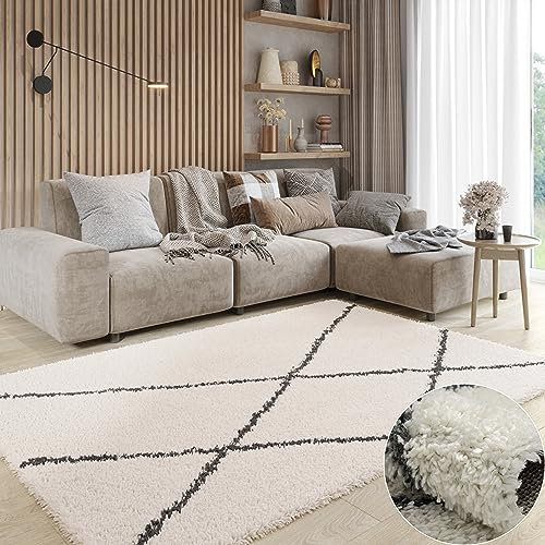 MY-RUG Teppich Shaggy Luxe Rechteckig Creme Weiß 230 x 160 cm - Wohnzimmer Hochflor rutschfest Flauschig Weich Moderne Einfarbige Muster Schlafzimmer Skandi Rauten Muster