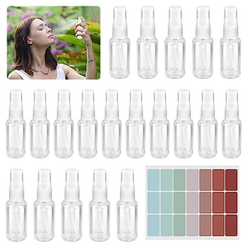 RUCUDIM Pulverizador 20 unidades, 30 ml, botella de spray vacía, transparente, vacía, fina niebla, pequeña botella de plástico portátil, con 1 hoja de etiquetas para mujeres y hombres