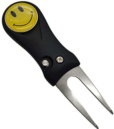 Golf Divot Repair Tool with Smiley Face Magnetic Ball Marker | Quick Release Pop-up Button | Black with Yellow Ball Marker