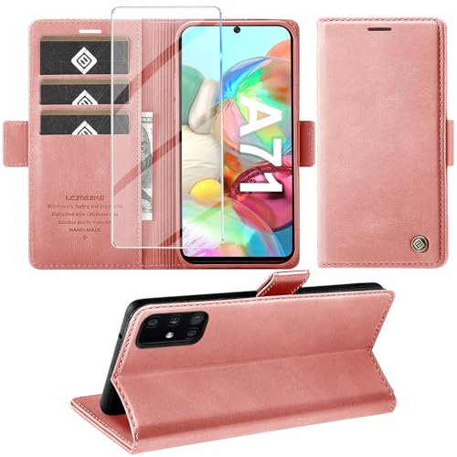 Giyer Handyhülle für Samsung Galaxy A71 Hülle mit Displayschutzfolie, Schutzhülle Galaxy A71 Universal-4G/5G PU Leder Wallet Flip Case Standfunktion Kartenfach Klapphülle für Samsung A71 Cover (Rosa)