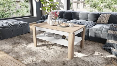 designimpex Design Couchtisch Tisch Asti-P höhenverstellbar 55-67cm Esstisch, Farbe:Sonoma Eiche - Weiß matt