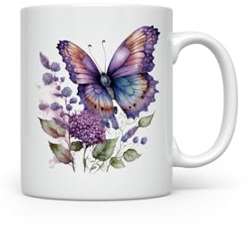 MAXIKIWI - Smooth Durable Ceramic Coffee or Tea Mug for Home or Office - Perfect for Any Occasion - Purple Butterfly Watercolor - 350ml