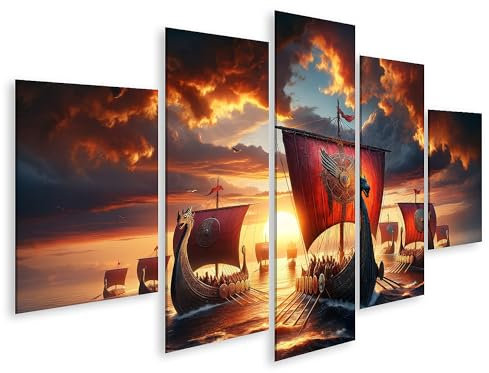 islandburner Bild auf Leinwand Sonnenuntergangsflotte: Wikinger-Langschiffe bereit zur Fahrt Bilder Wandbild Poster