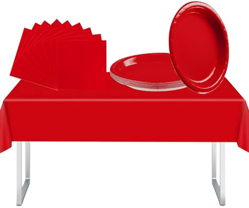 37Pcs Red Party Tableware Set With Plastic Table Cloth, Paper Plates and Napkins for Supplies, Decorations, Picnic, Thanksgiving, Christmas, Kids Adult Birthday