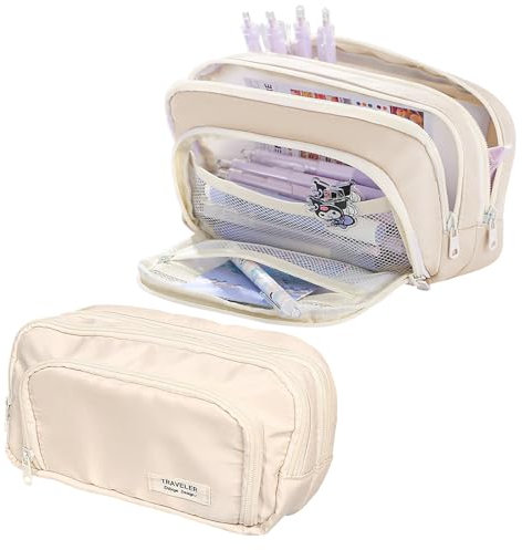 Lvjkes Federpenal, Federmäppchen mit 3 Schichten Einfache und große Kapazität, ästhetisch, Für Kinder, Mädchen, Jungen, Damen, Herren, Teenager, Studenten, Beige, 21 x 13 x 7 cm