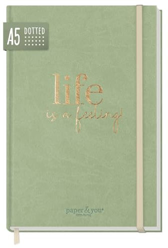 paper&you® Bullet Journal dotted A5 mit Gummiband Salbei 156 Seiten, Notizbuch gepunktet, Tagebuch, nachhaltig & klimafreundlich