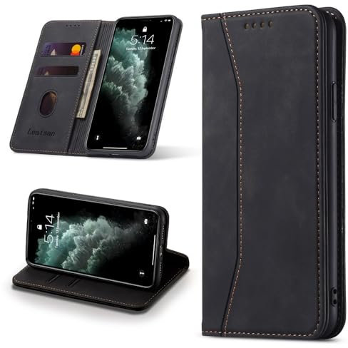 Leaisan Handyhülle für iPhone 11 Pro Hülle Premium Leder Flip Klappbare Stoßfeste Magnetische [Standfunktion] [Kartenfächern] Schutzhülle für iPhone 11 Pro 5,8 Zoll Tasche - Schwarz