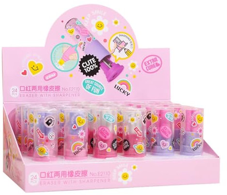 6 Stück – Lippenstift-geformter Radiergummi, Bleistiftspitzer, Cartoon-Mini-Bleistiftspitzer und Anspitzer (6 Stück)