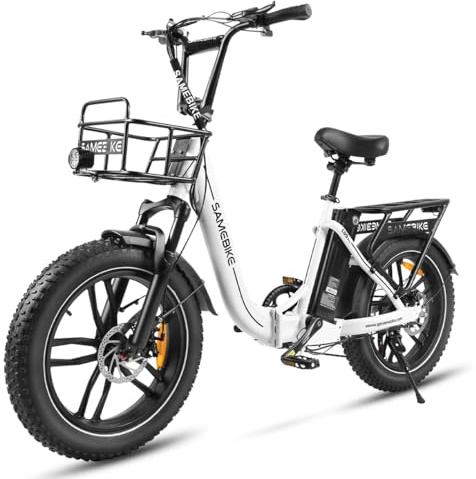 SAMEBIKE Electric Bike, Folding Adult Electric Mountain Bike, 36V 13AH Removable Battery, 7 Speed Gears, 20 *4.0 Fat Tire, Suspension Fork,with Rugged Front Basket and Rear Bracket,Quick Delivery