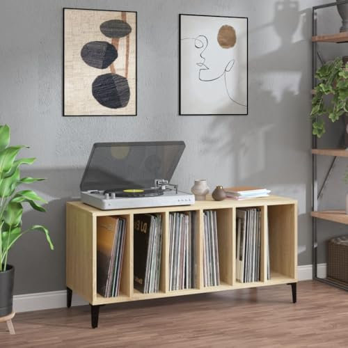 IKAYAA Mueble de Discos de Madera con Patas Metálicas 100x38x48 cm, Tocadiscos de Vinilo Stand, Estanteria CD, Mueble Tocadiscos, Mueble para Discos, Mueble para Vinilos, Roble Sonoma