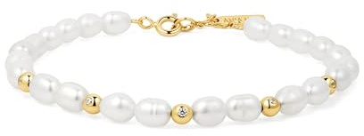 ANIA HAIE Damen Armband CHIC CREATOR aus 925 Sterling Silber 14k vergoldet, verziert mit 24 Süßwasserperlen und 10 Zirkonia, Länge: 16,5 cm + 2 cm Verlängerung, inkl. Geschenkverpackung