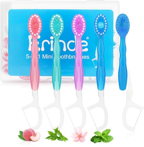 Erinde 12 Pcs 5 in 1 Mini Zahnbürste & Zahnseide with Zahnpasta + Zahnstocher + Zungenschaber, Mini Weiches Reisezahnbürstenset, Geeignet für Arbeit oder Reisen (Blau + Rosa + Grün + Lila)