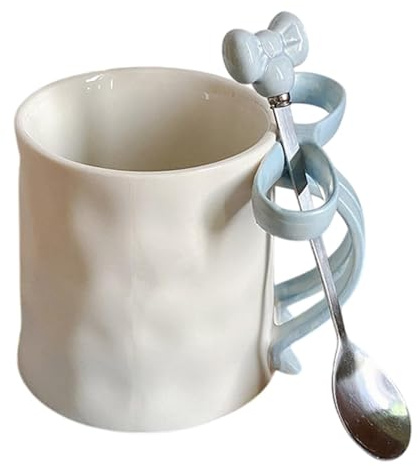 Ceramic Coffee Mug, Stylish Mug, Bow Mug, Charming Beverage Cup, 500 ml Cute Ceramic Ribbon Bow Handle Mugs with Coffee Spoon, 3.62 Inches for Hot Chocolate, Coffee, and Hot Drinks
