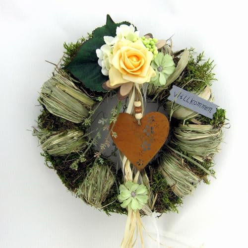 Türkranz Wandkranz aus Naturmaterial mit rostigem Herz ø 28 cm - Frühling - Sommer - Herbst - Willkommensgruß - 309