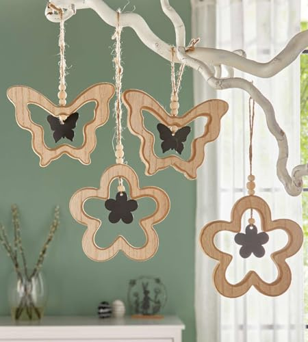 Dekoleidenschaft 4 Dekohänger Schmetterling & Blume aus MDF & Metall, Fensterdeko zum Aufhängen, Frühlingsdeko hängend, Moderne Osterdeko, Frühjahrsdeko, Sommerdeko,