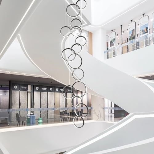 Stesulfr Moderner LED Kronleuchter großer Kronleuchter das Foyer 15 Ringe Aluminiumring dimmbare Pendelleuchte für hohe Decken mit Fernbedienung, höhenverstellbare Deckenleuchte für Treppenhaus und Wo