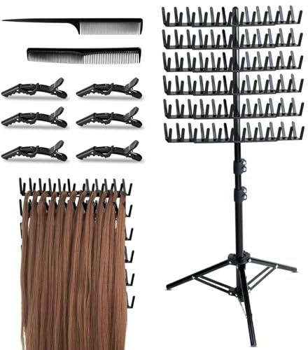 Caossuixin Hair Extension Holder, Height Adjustable Braiding Hair Rack | Wig Stand with 144 Pegs,Portable Double Sided Braiding Rack with 6 Hairpins&2 Combs,Wig Hanger for Hairstylist Home Travel