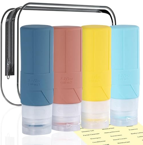 MIMIROOM Lot de 4 Flacons de Voyage en Silicone pour Bagage à Aain - 100 ml - Recipient Voyage avec un Sac de Lavage Transparent et une éTiquette - Convient pour Shampooing, Après-Shampoing