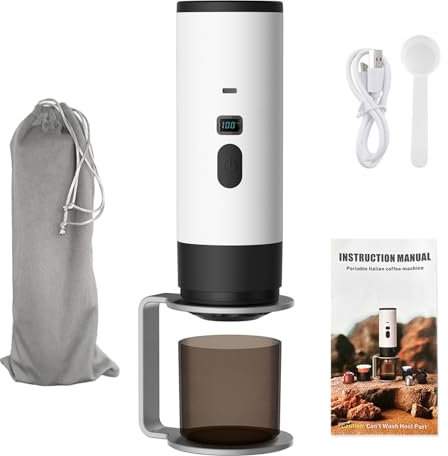 Mocoli Kaffeemaschine, Tragbare Espressomaschine, Reisekaffeemaschine 12V Akku Kaffeemaschine, Camping Kaffeemaschine für Reisen und Auto (Weiß+Gestell)