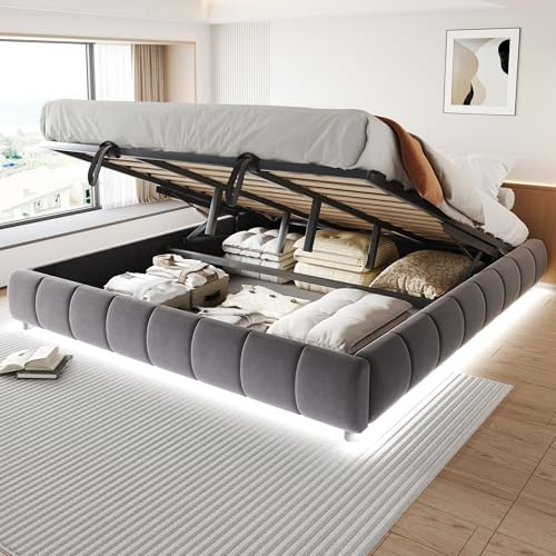 Polsterbett 180x200 cm, Hydraulisch Stauraumbett mit LED Lichtleisten | Ohne Matratze, Erwachsenenbett mit Stauraum, Doppelbett ohne Kopfteil, Gästebett für Schlafzimmer Flanell Grau