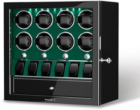 XTELARY Uhrenbeweger, Grün Abschließbarer Uhrenbeweger für 8 mit 6 Speicherplätzen,Aufbewahrungsschublade, 4 Rotationsmodi,Weißes LED-Licht Superleiser Motor und Federuhrkissen für Herren und Damen