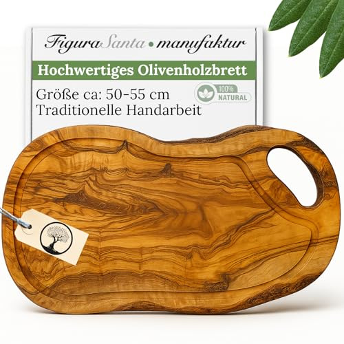 Figura Santa Schneidebrett Olivenholz -Holzbrett Küche mit Saftrille und Griff - massives Steakbrett Olivenholzbrett antibakteriell - alternative zu Schneidebrett Kunststoff (50-55cm)