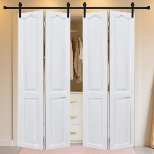 Puerta corredera interior de granero con kit de herramientas, puertas plegables de MDF de 3/4 pulgadas de grosor, 38 x 80 pulgadas, puerta blanca hecha a mano con superficie de PVC impermeable