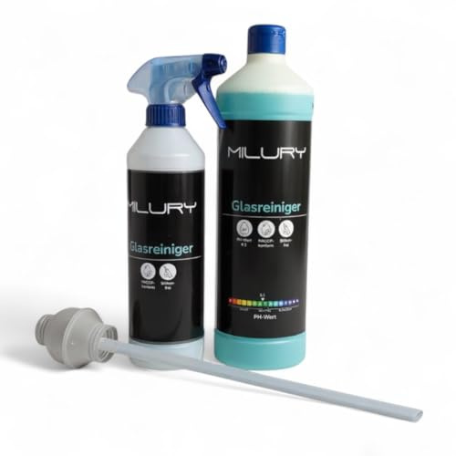 MILURY Glasreiniger mit Sprühflasche und praktischer 20 ml Dosierkugel