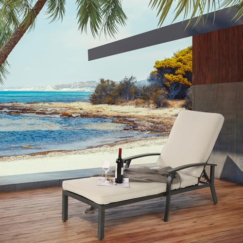 Physport Lounge Patio Stuhl mit Baumwolle Kissen, verstellbare Liege rostbeständig Aluminium Poolside Chaise Lounge Möbel, wasserdicht Beige Kissen (1 Stück)