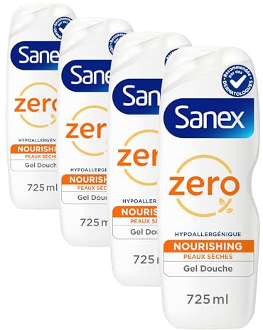 SANEX - Gel douche Nourrissant Zero% pour peaux sèches - Offre jusqu'à 8h d'Hydratation - le flacon de 725 ml (Lot de 4)