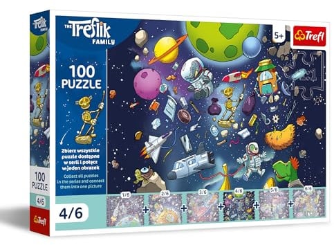 Trefl - Puzzle 100 Teile, EIN Roboter im Weltraum, Die Familie Treflik, 5+ | Fördert Konzentration und Beobachtungsgabe, hohe Qualität, detailreiches Puzzle, farbenfrohes Puzzle für Kinder