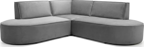 WFL GROUP Ecksofa 3-Sitzer im Loft-Stil – Skandi-Design – Universelle L-Form Wohnlandschaft – Freistehend – inkl. 2 Dekokissen - 223 × 223 × 73 cm – Grauer Samt
